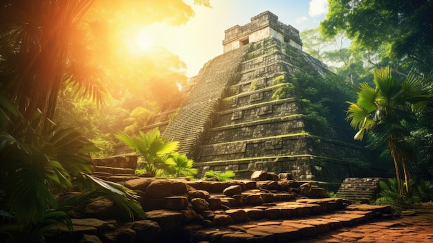 A photo of an ancient Mayan pyramid jungle backdrop