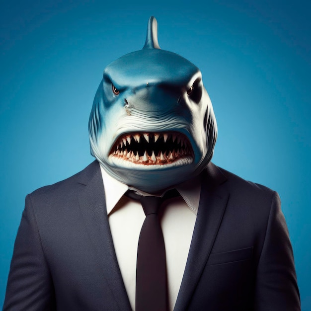 Photo of a angry agressive shark in a business suit portrait on solid blue background ai generative