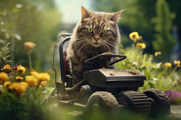 Фотография разгневанного милого кота в костюме садовника
