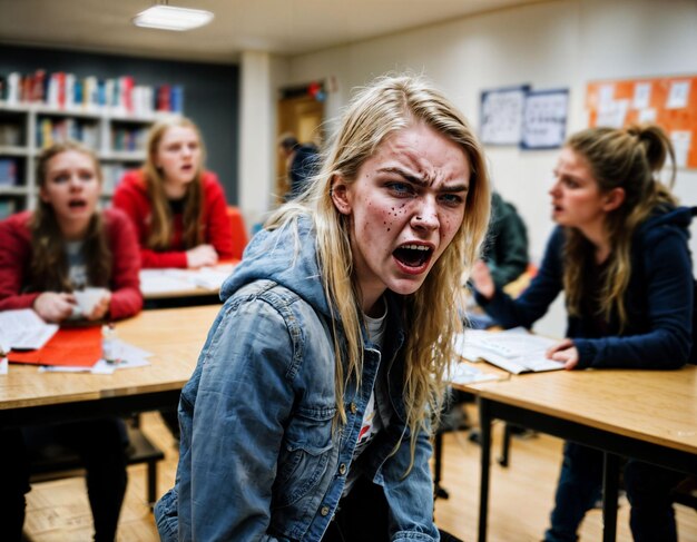 Foto foto di una ragazza adolescente arrabbiata a scuola ai generativa