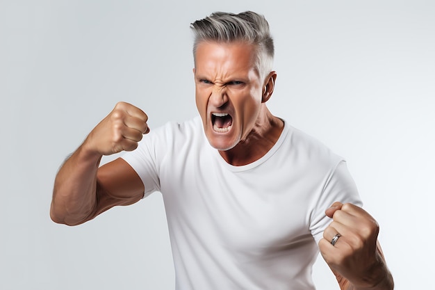 Photo of an angry man on white studio background