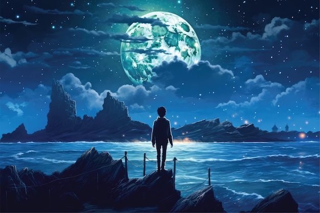 Foto foto anime ragazzo che guarda la luna nel mare notturno