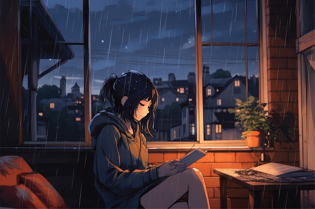 写真 アニメロフィー外で雨が降っている間音楽を聴いて勉強している若い女の子