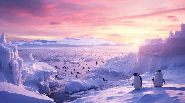 A photo of an antarctic habitat with a group of penguins snowcovered terrain