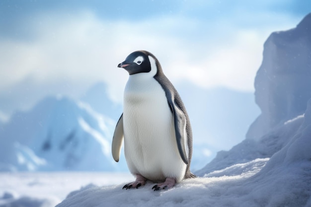 南極のペンギンの写真 雪に覆われた風景の中で一人で立っているペンギン