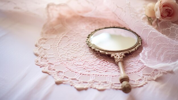 A photo of an antique hand mirror on a lace doily soft morning light