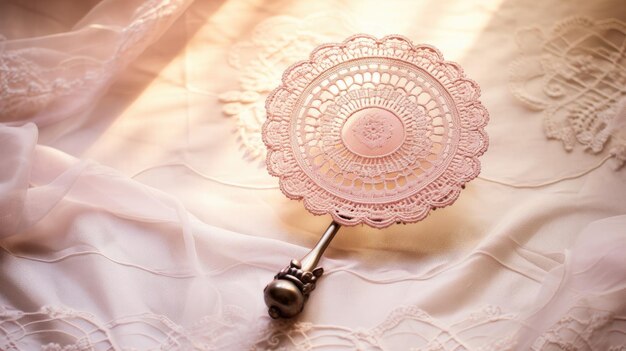 Photo a photo of an antique hand mirror on a lace doily soft morning light