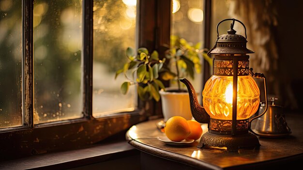 Photo a photo of an antique oil lamp on a weathered windowsill golden hour light