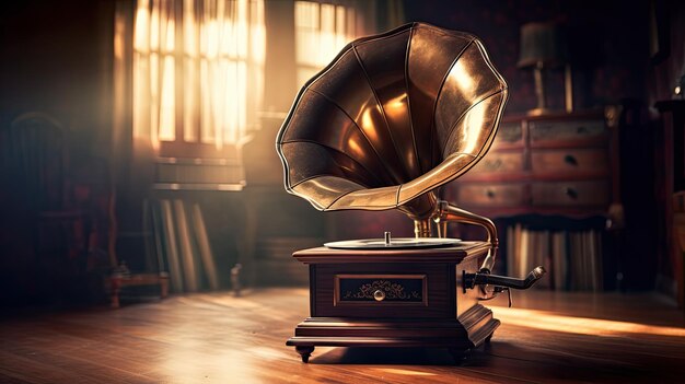 Photo a photo of an antique phonograph on a wooden floor soft natural light