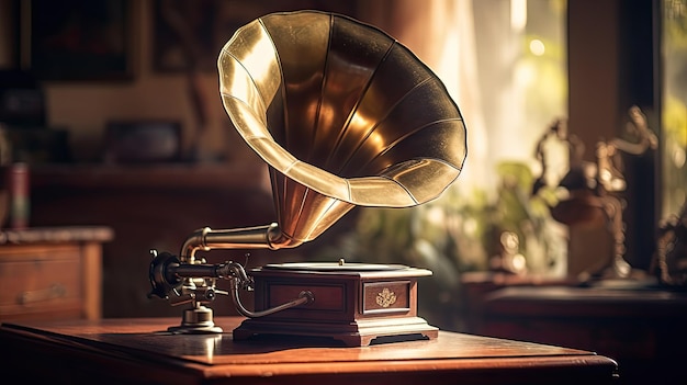 A photo of an antique phonograph on a wooden table warm natural light