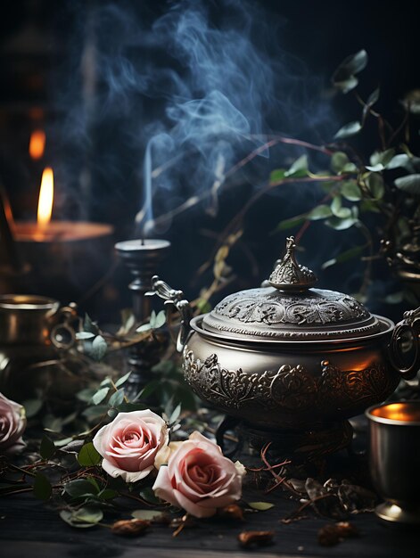 Photo of antique silver censer with billowing incense smoke against a bg concept worship easter