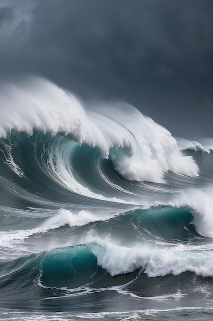 Фото апокалиптический драматический фон гигантские цунами волны темное штормовое небо генеративный ай