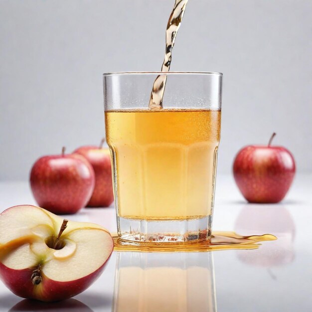 매끄러운 배경에 고립 된 사과 조각과 함께 사과 주스의 사진