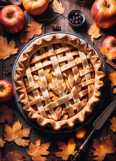 Photo of the apple pie in autumn Thanksgiving table setting