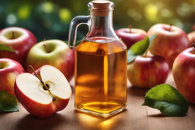 Photo apple vinegar on natural background concept of healthy food