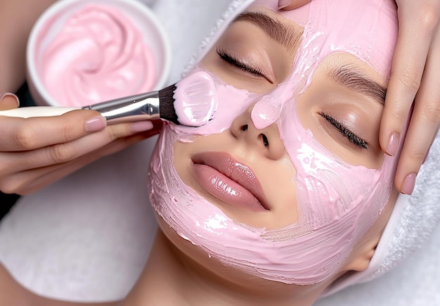분홍색 얼굴 마스크를 착용하는 사진 얼굴 치료 미용 치료
