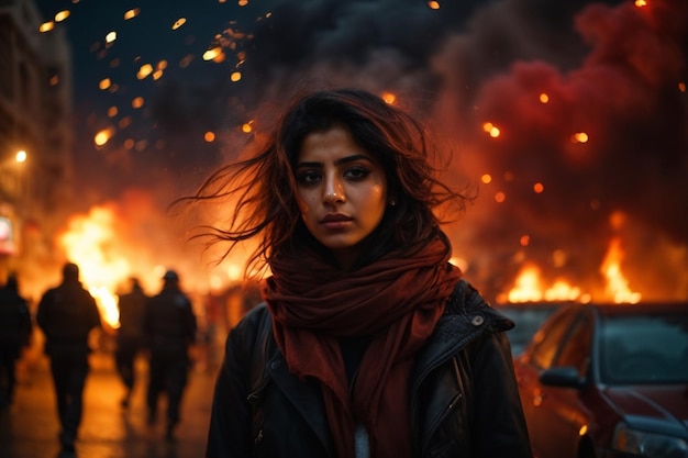 Photo of an arab girl on the streets of the city during riots