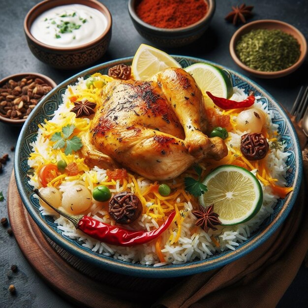 Фото арабская еда кабса с курицей и миндалем вблизи на тарелке