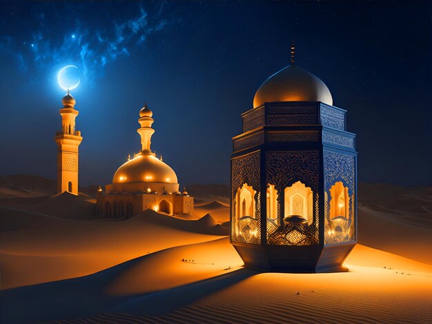 Photo a Arabic lantern and mosque in desert night scene generative AI