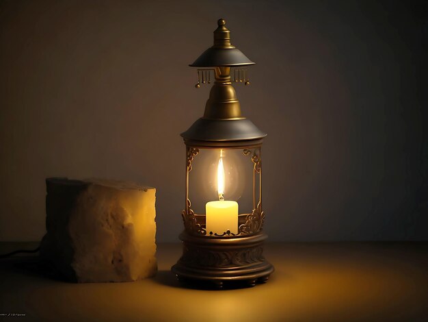 Photo Arabic lantern with burning candle and bokeh lights in the background for Ramadan