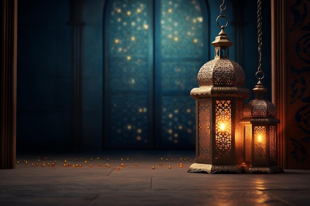 燃えるキャンドルとボケ味のライトを背景にしたアラビア語のランタンの写真