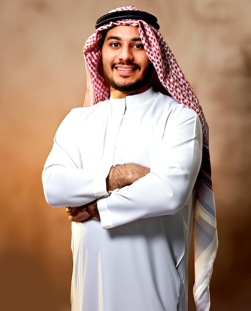 Photo arabic man in traditional wear smiling prsenting