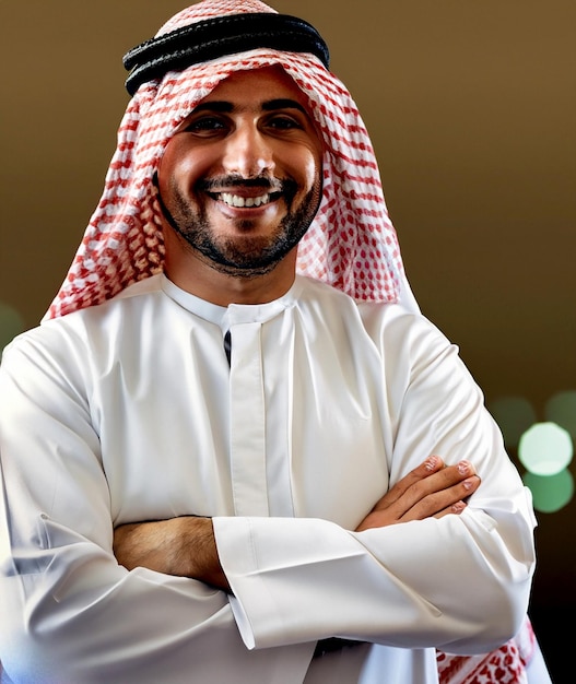 Photo arabic man in traditional wear smiling prsenting