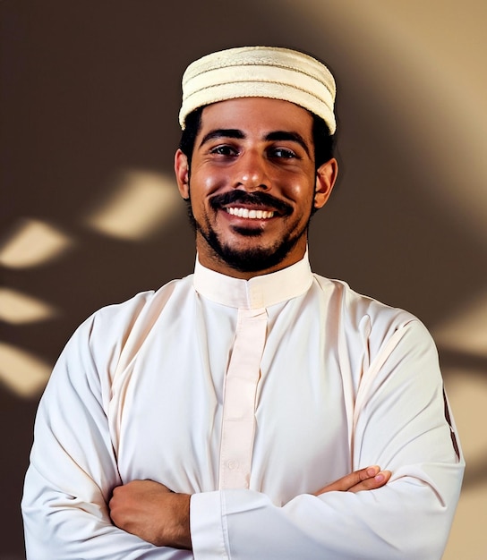 伝統的な衣装を着たアラビア人男性が笑顔でプレゼンテーションをしている写真
