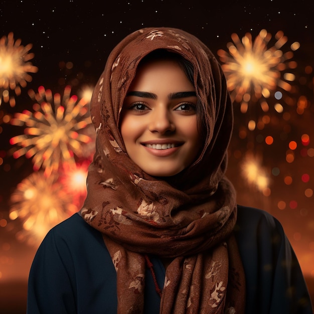 photo of an arabic woman smiling in front of fireworks