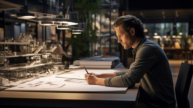 A photo of an architect sketching on a notebook