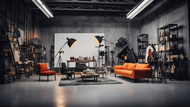 A Photo of an Architectural Photography Studio with Lighting Equipment and Backdrops