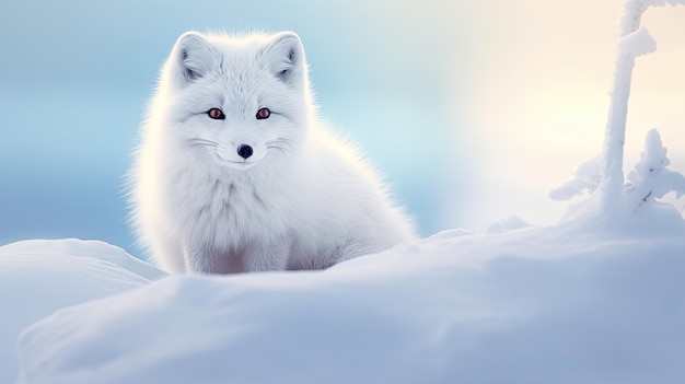 A photo of an arctic fox in a snowy landscape soft natural light