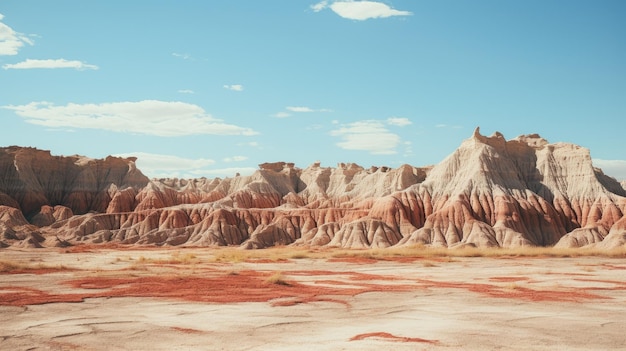 a photo of an arid badlands landscape eroded formations clear blue sky