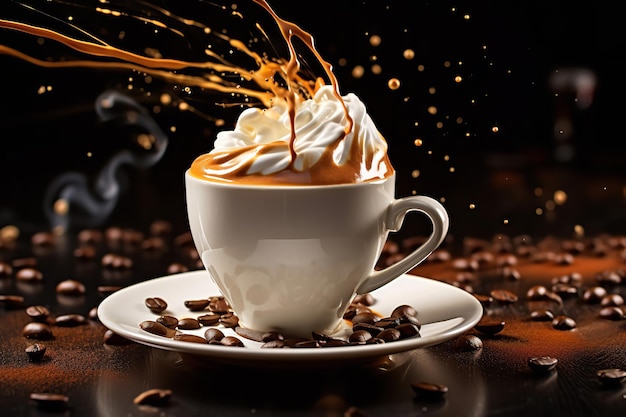 カプチーノ カップに飛び散る香り豊かなコーヒーの写真