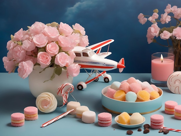 Photo arrangement with plane and sweets