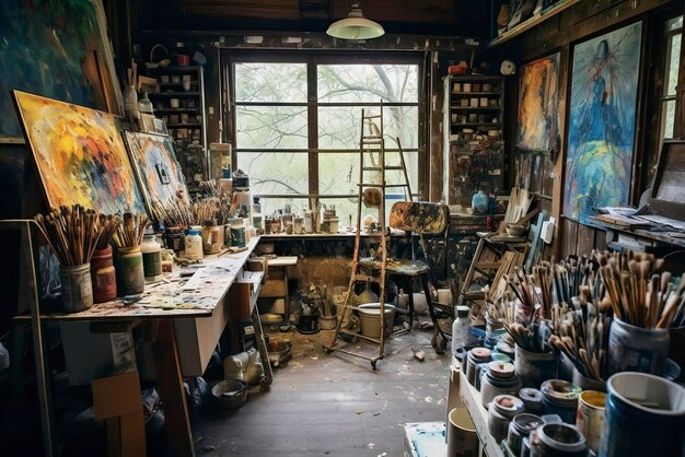 Photo of An artists studio cluttered with paints brushes and Color