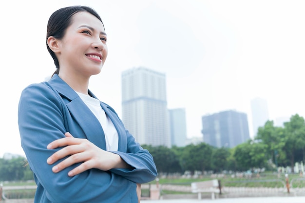 Photo of Asian businesswoman outdoors