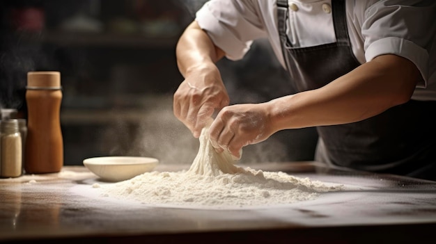Фото азиатского шеф-повара, мастерски готовящего тесто для пиццы