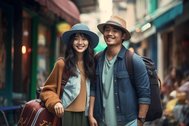 Photo asian couple in hat with suitcase bag and backpack standing on the street