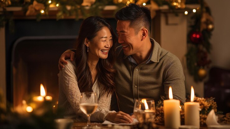 Photo 新年祝いのテーブルに座っているアジア人家族の写真
