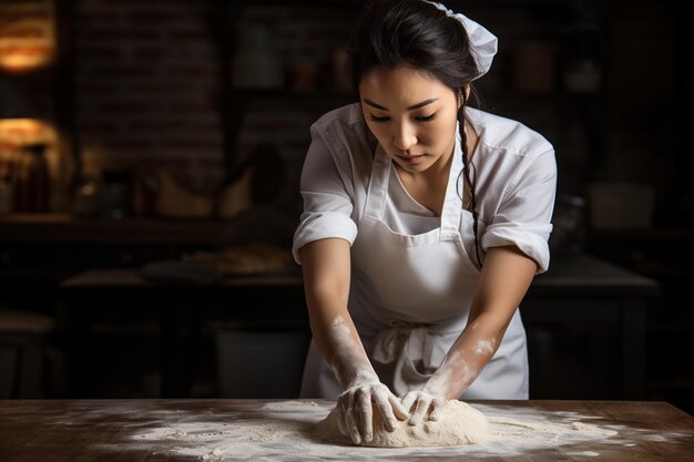 Photo of Asian female chef proficient in preparing pizza dough