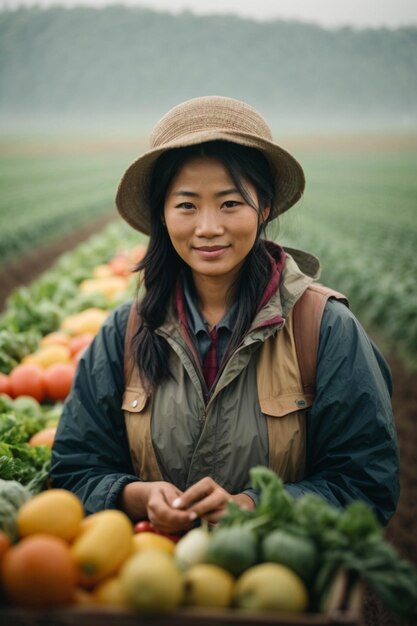 photo of asian female farmer looking at vegetables for checking the quality of the harvest