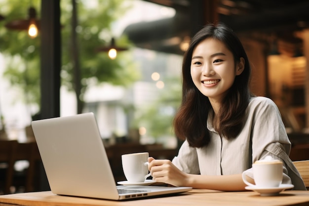 Photo asian freelance woman smiling holding cup of hot coffee and working