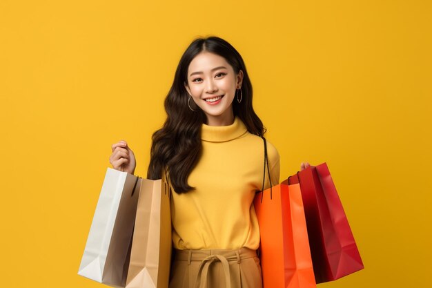 Photo asian happy female woman girl holds colourful shopping packages standing on yellow background