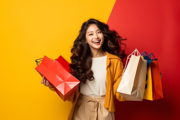 Photo asian happy female woman girl holds colourful shopping packages standing on yellow background