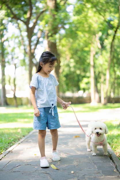 公園で犬と散歩しているアジア人の子供の写真