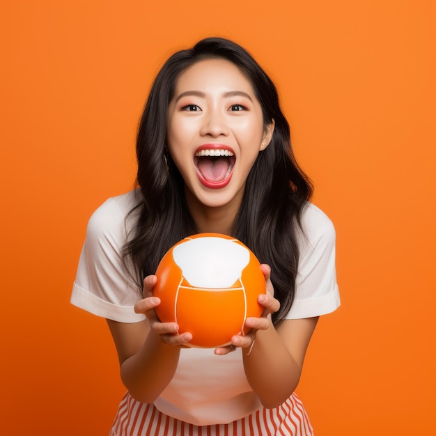 photo of an asian sports fan girl excited and holding a ball in front of a orange wall