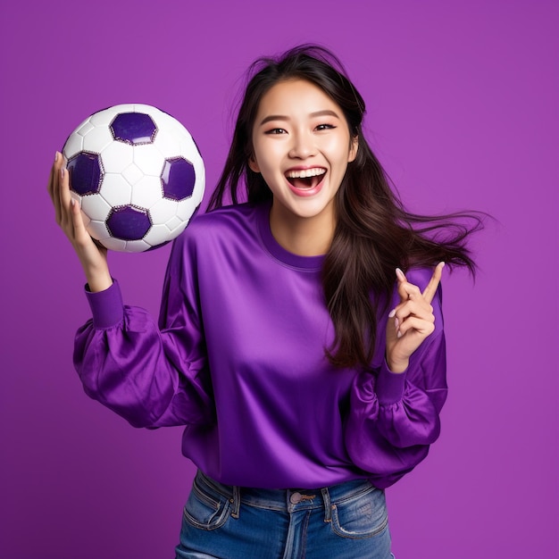 Photo of an asian sports fan girl excited and holding a ball in front of a purple color wall