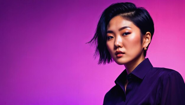 photo of asian woman as a mafia gang member standing against pink background generative AI