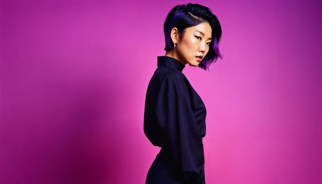 photo of asian woman as a mafia gang member standing against pink background generative AI